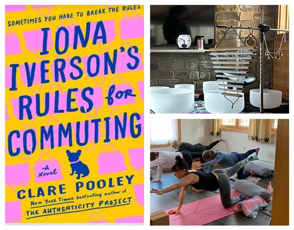 A book cover, a picture of people doing yoga and a cat.